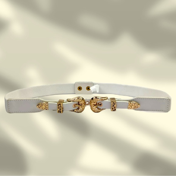 Accessories - White & Gold Western Double Buckle Stretch Belt